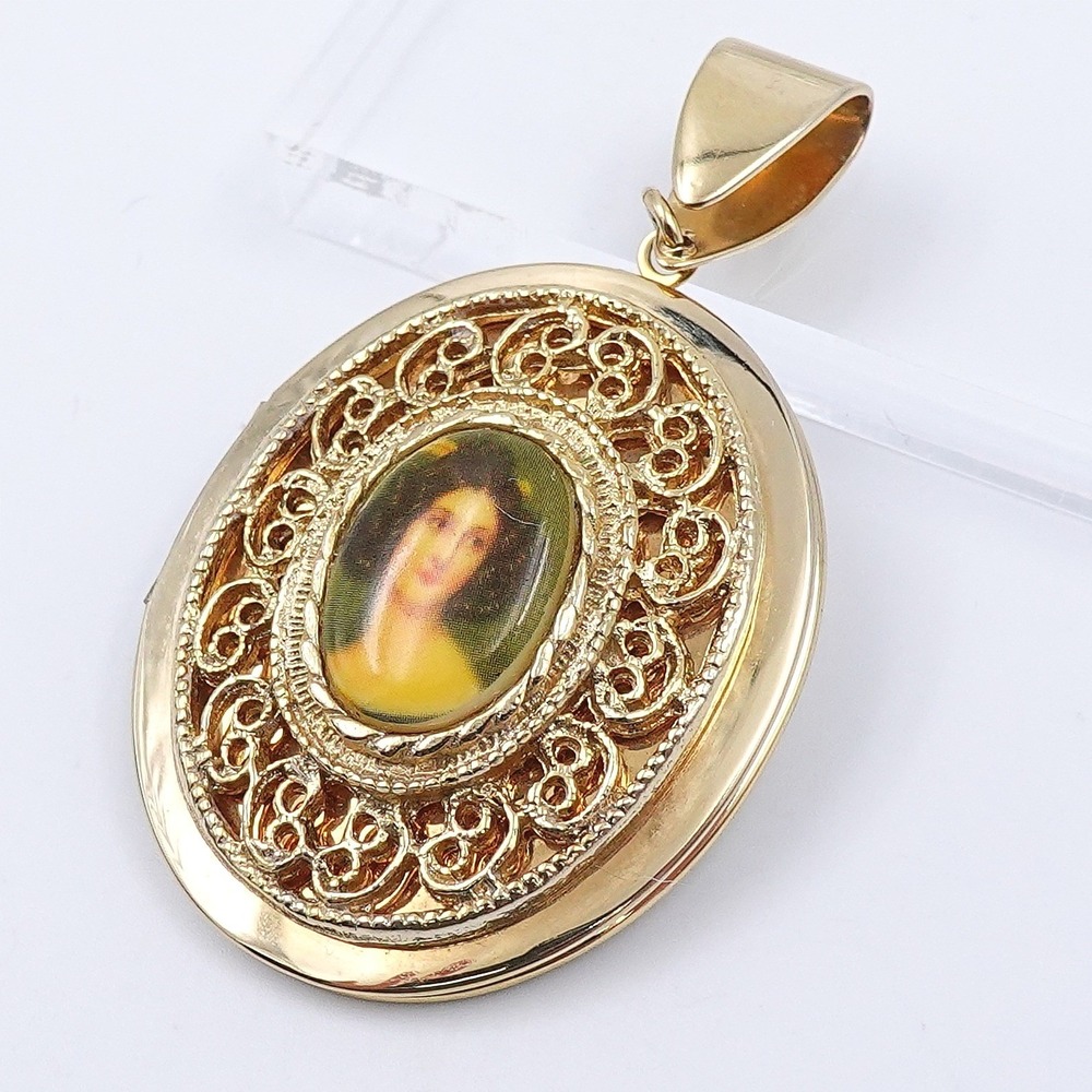Victorian Revival Portrait Locket Pendant Gold Tone Filigree Romantic